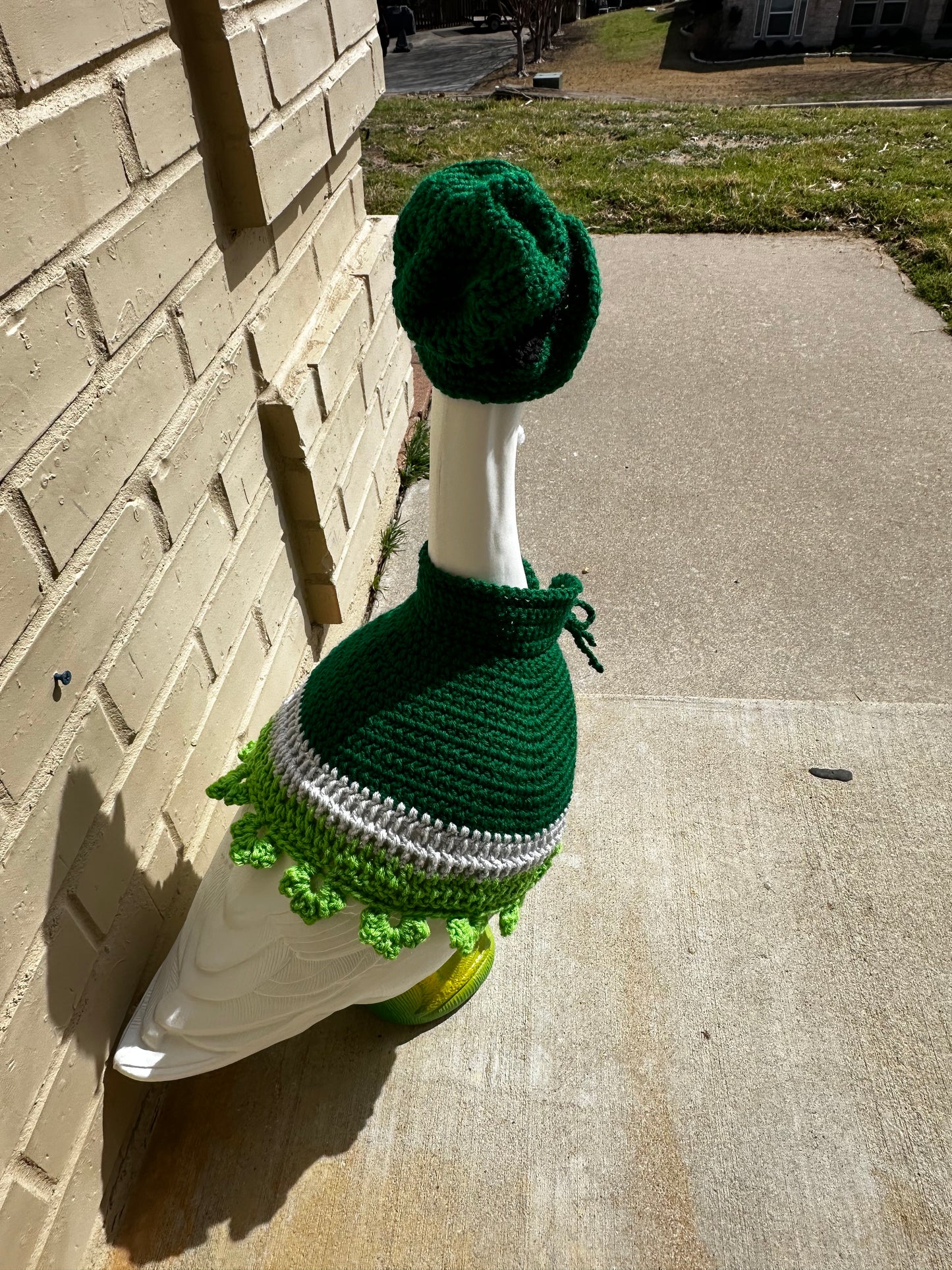 Silly Porch Goose St. Patrick’s Day Outfit - Goose Statue St. Paddy’s - Hat And Dress - Yard Art Clothing - Crochet Clothing For Goose