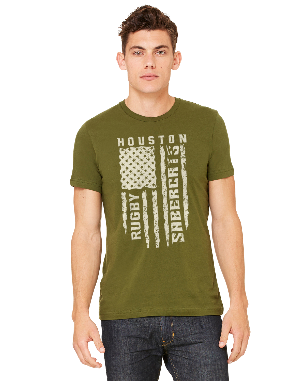 Houston SaberCats American Flag T-Shirt - Olive Green And Cream SaberCats Rugby Shirt - Military Appreciation Tee