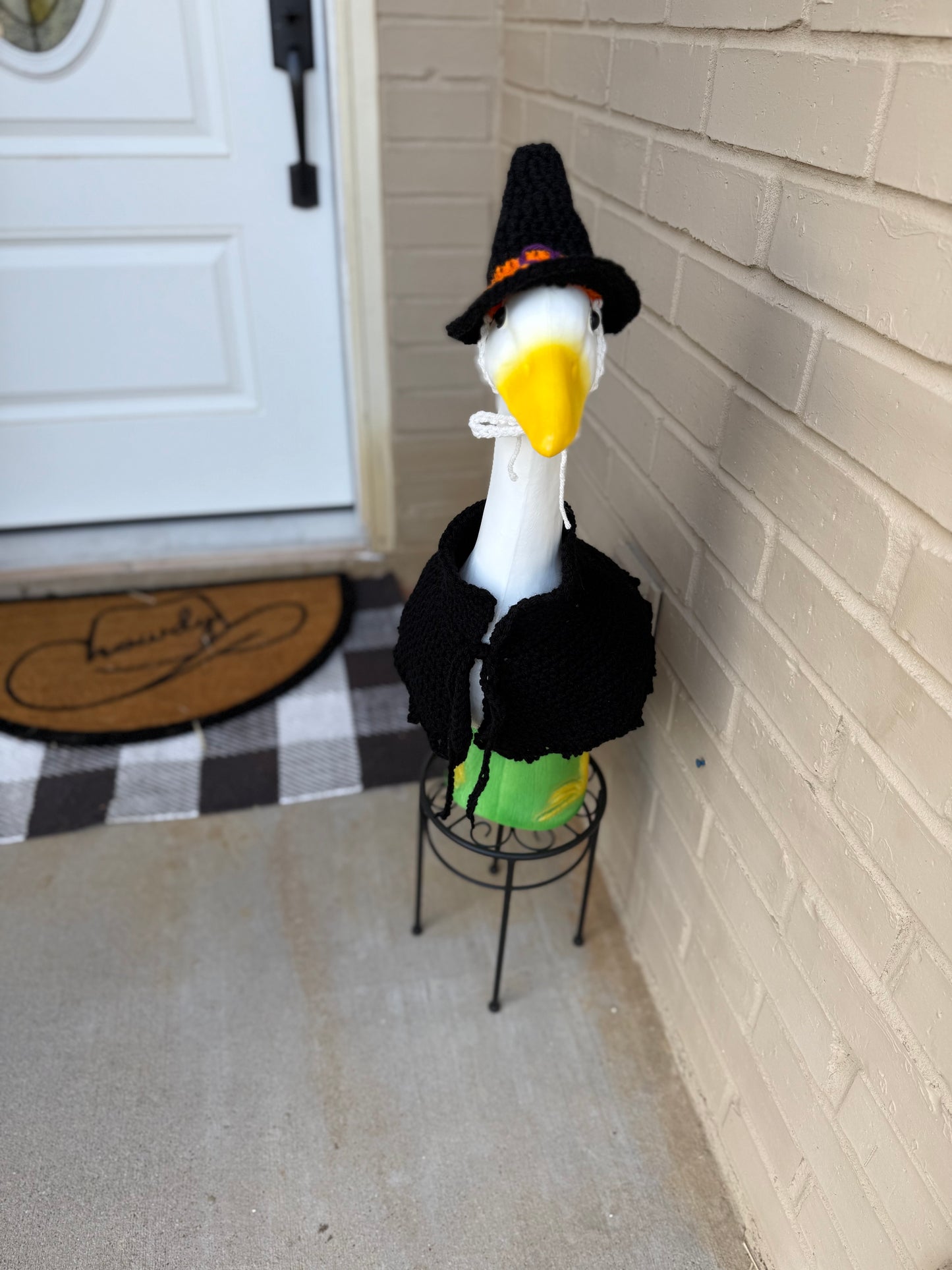 Front Porch Goose Witch Outfit - Crochet Halloween Clothing - Witch Hat and Cape Yard Art