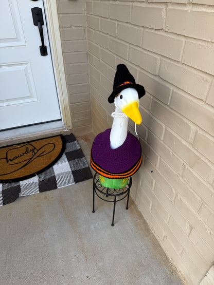 Front Porch Goose Halloween Witch Costume - Hand Crocheted Hat and Sweater Outfit - Yard Art Holiday Decor