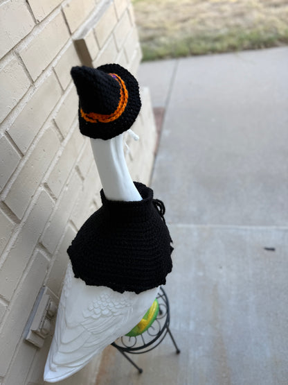 Front Porch Goose Witch Outfit - Crochet Halloween Clothing - Witch Hat and Cape Yard Art