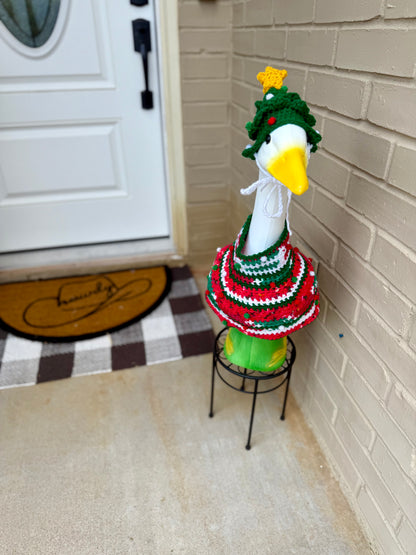 Silly Porch Goose Christmas Outfit - Goose Statue Crochet Clothing Ugly Sweater and Christmas Hat