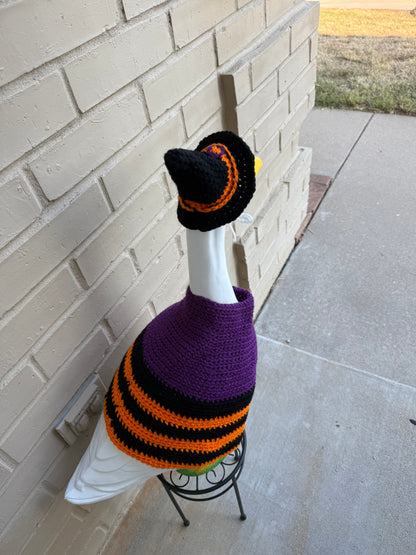 Front Porch Goose Halloween Witch Costume - Hand Crocheted Hat and Sweater Outfit - Yard Art Holiday Decor