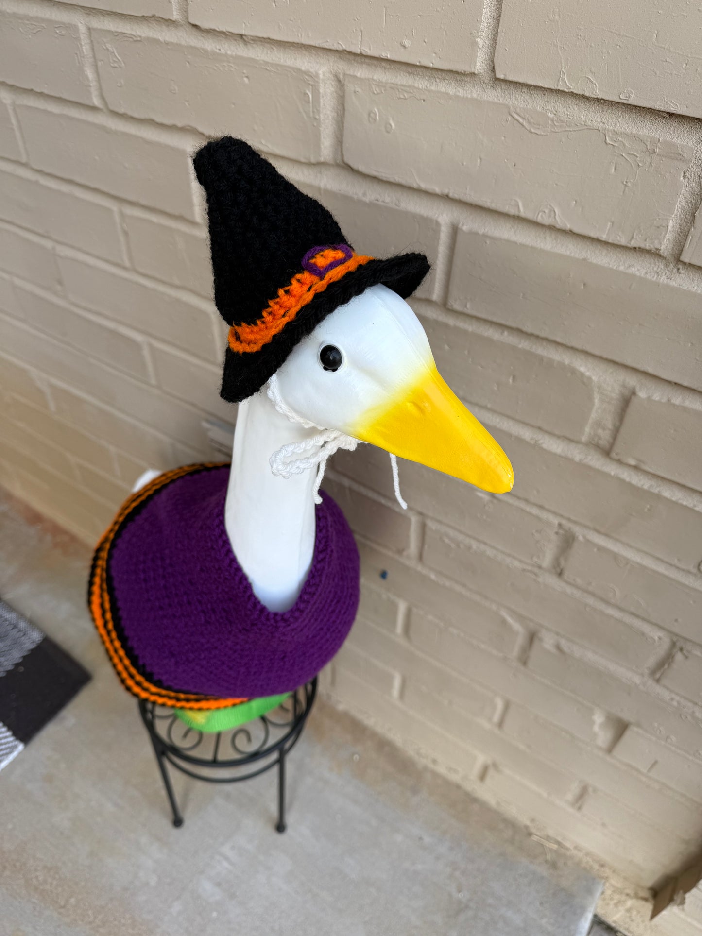 Front Porch Goose Halloween Witch Costume - Hand Crocheted Hat and Sweater Outfit - Yard Art Holiday Decor