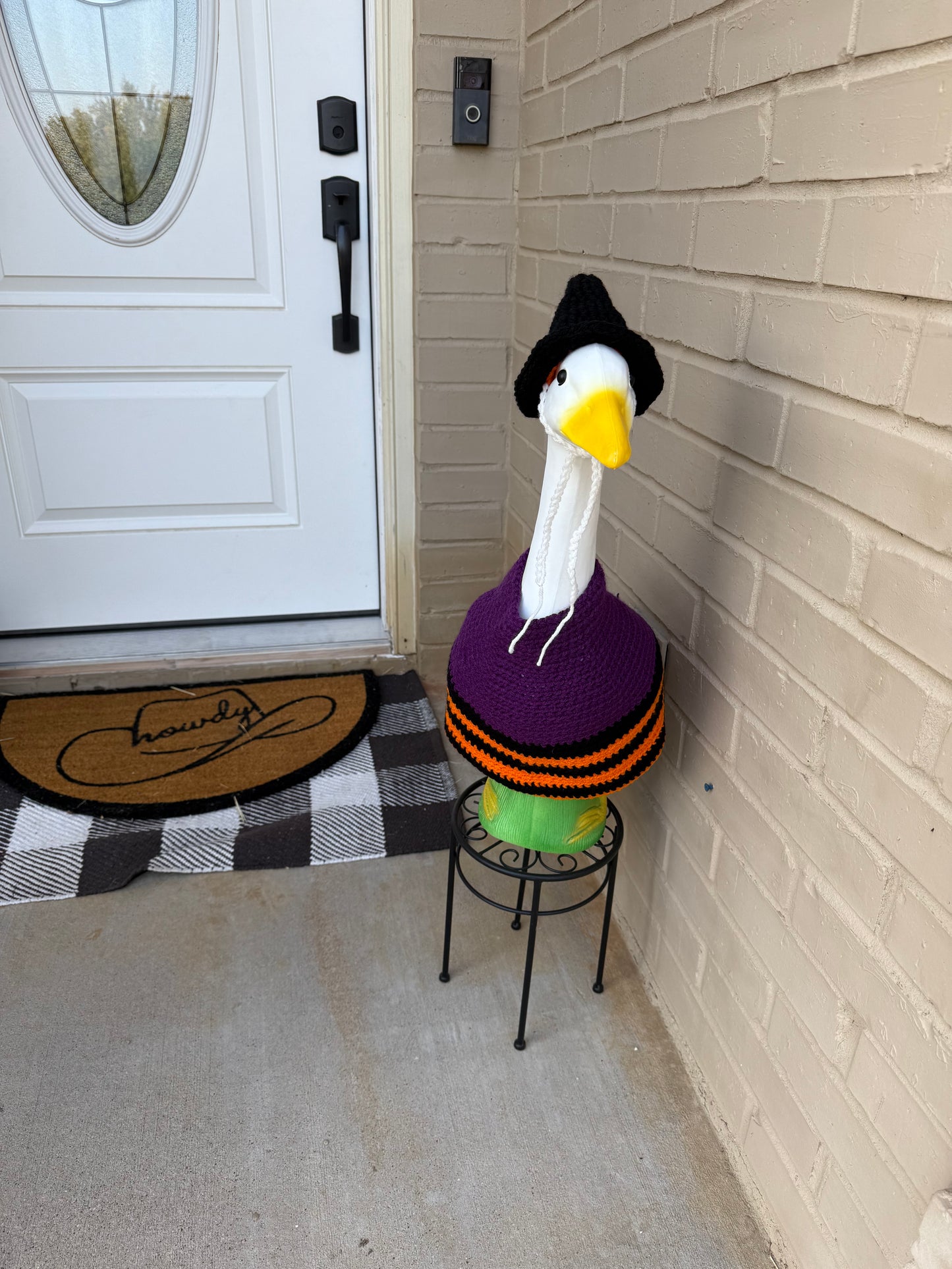 Front Porch Goose Halloween Witch Costume - Hand Crocheted Hat and Sweater Outfit - Yard Art Holiday Decor