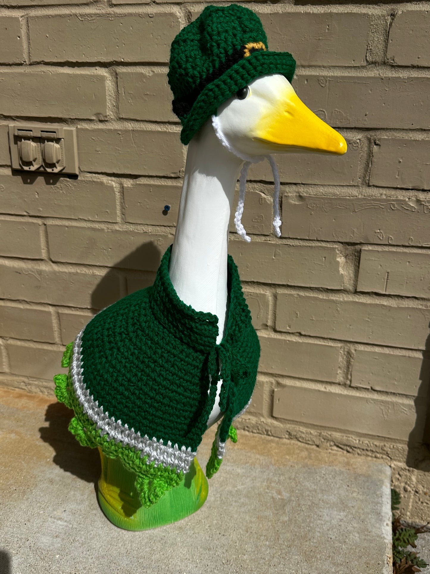 Silly Porch Goose St. Patrick’s Day Outfit - Goose Statue St. Paddy’s - Hat And Dress - Yard Art Clothing - Crochet Clothing For Goose