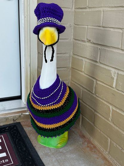 Silly Porch Goose Mardi Gras Outfit - Goose Statue Festival Gear - 23” Goose - Yard Art Clothing - Mardi Gras Crochet Clothing For Goose