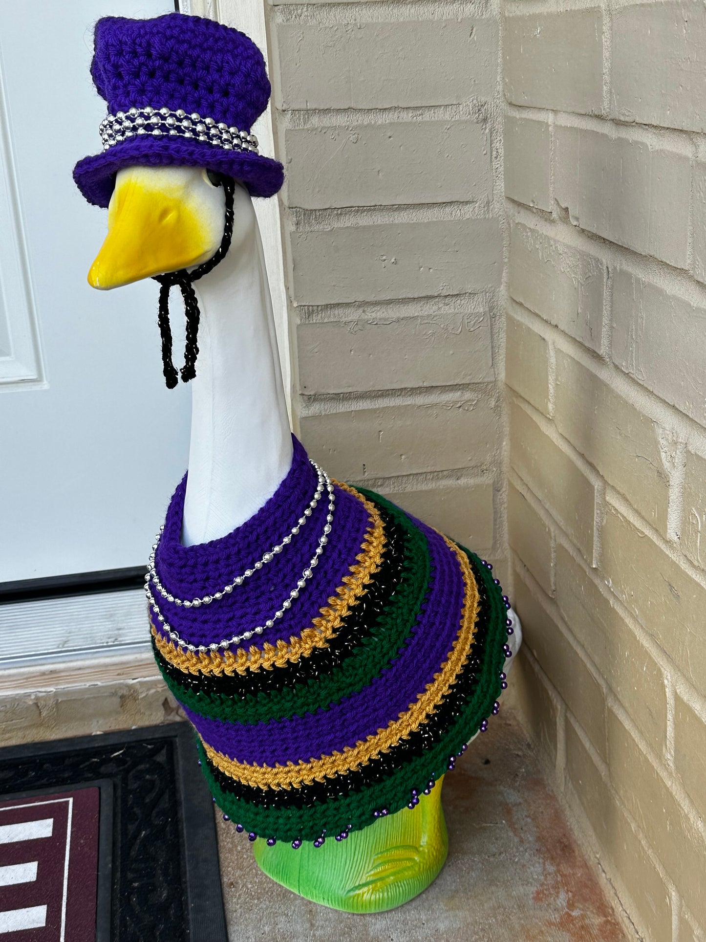 Silly Porch Goose Mardi Gras Outfit - Goose Statue Festival Gear - 23” Goose - Yard Art Clothing - Mardi Gras Crochet Clothing For Goose