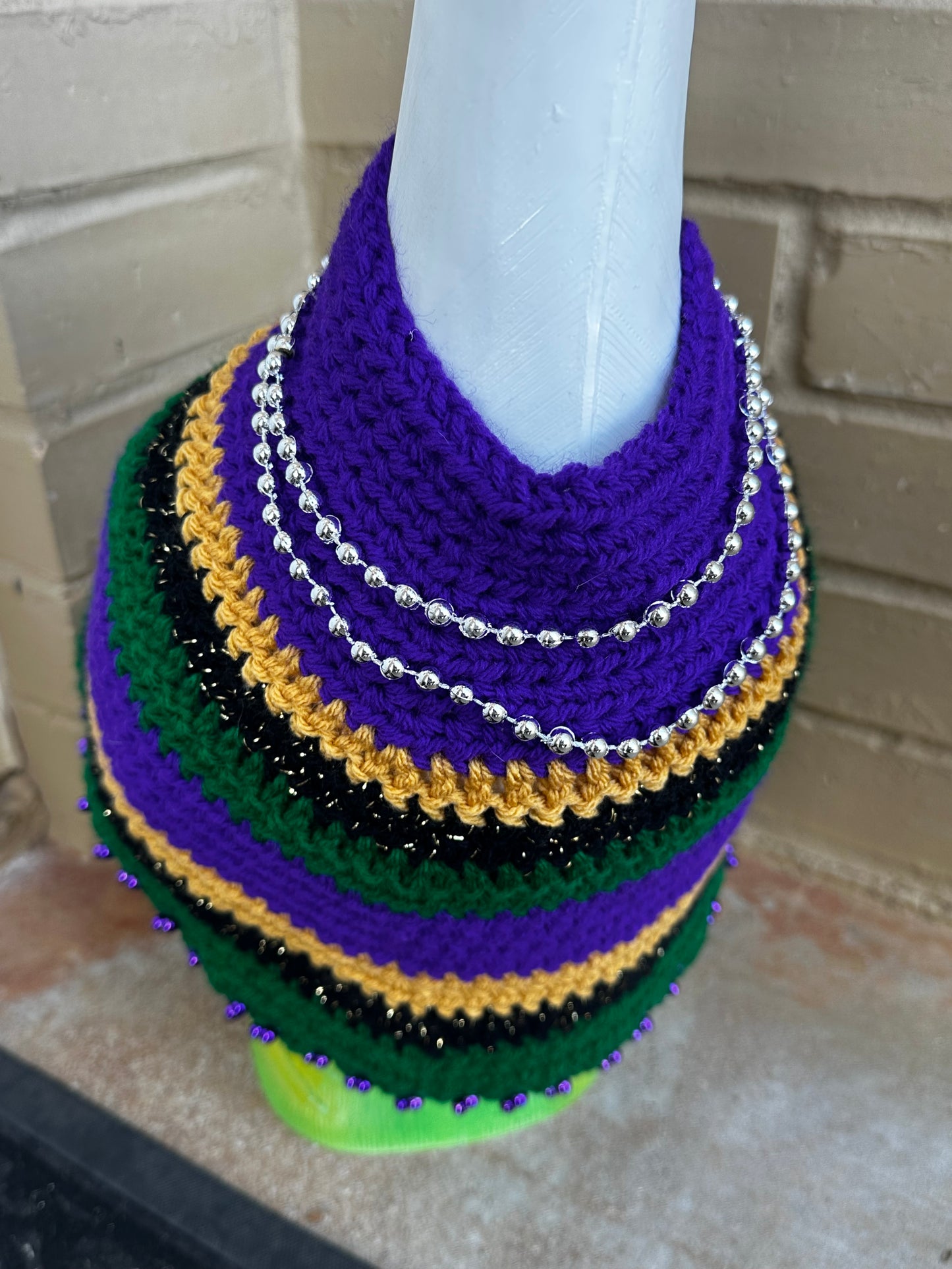 Silly Porch Goose Mardi Gras Outfit - Goose Statue Festival Gear - 23” Goose - Yard Art Clothing - Mardi Gras Crochet Clothing For Goose
