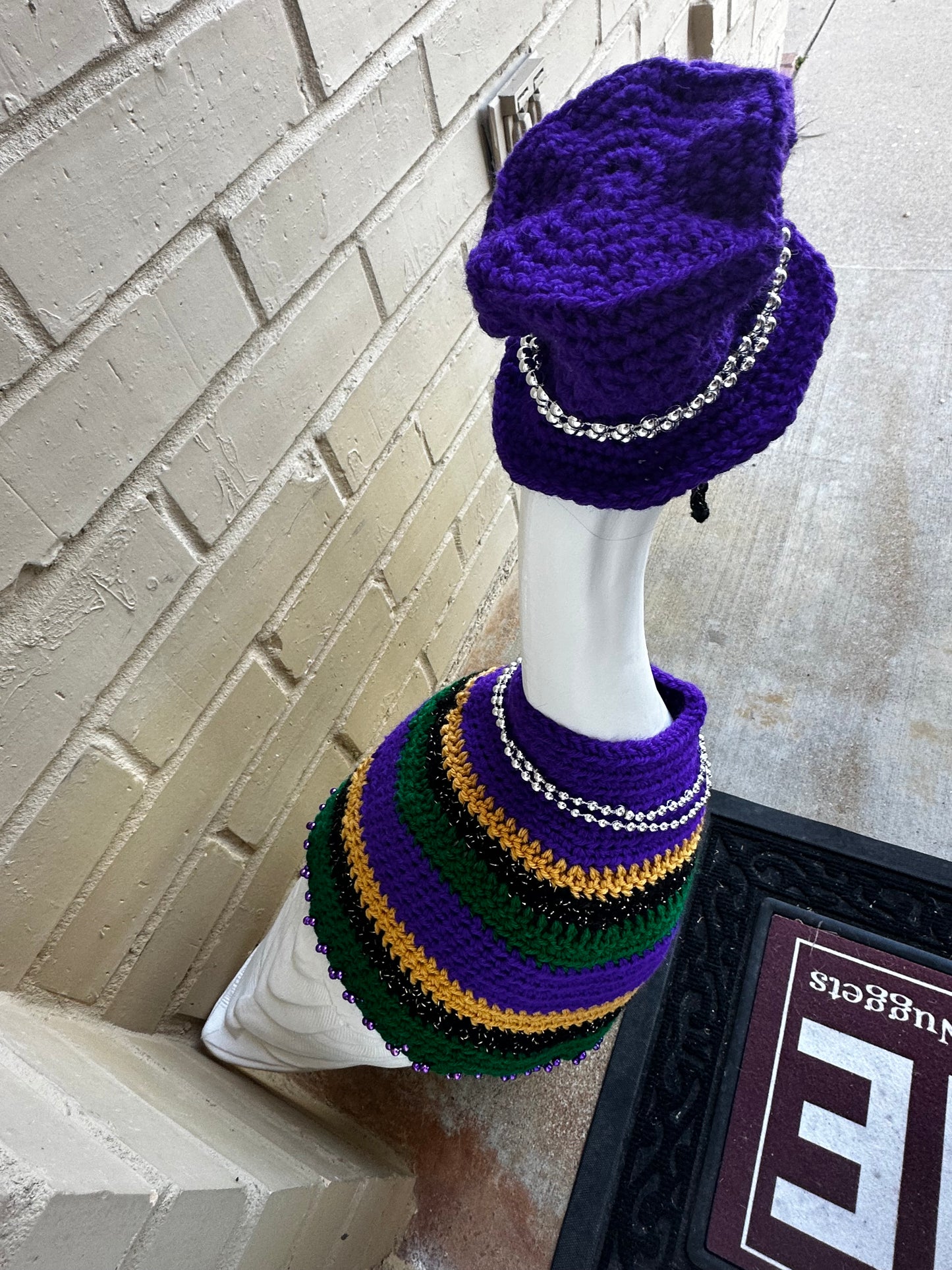 Silly Porch Goose Mardi Gras Outfit - Goose Statue Festival Gear - 23” Goose - Yard Art Clothing - Mardi Gras Crochet Clothing For Goose