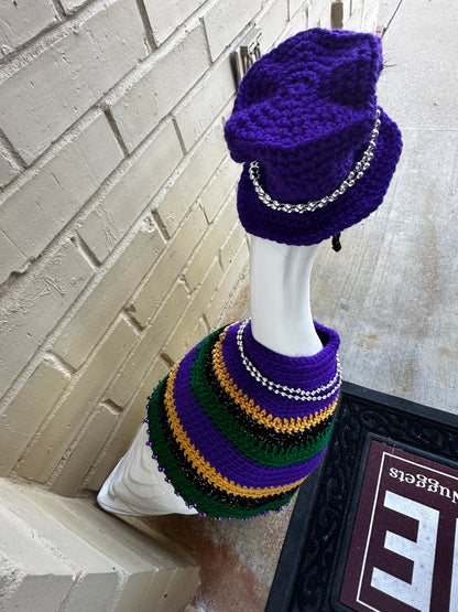 Silly Porch Goose Mardi Gras Outfit - Goose Statue Festival Gear - 23” Goose - Yard Art Clothing - Mardi Gras Crochet Clothing For Goose