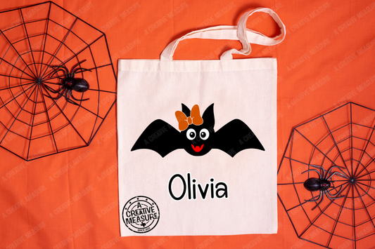 Girl Bat Personalized Trick-Or-Treat Halloween Tote Bag - Glow In The Dark Halloween Candy Sack
