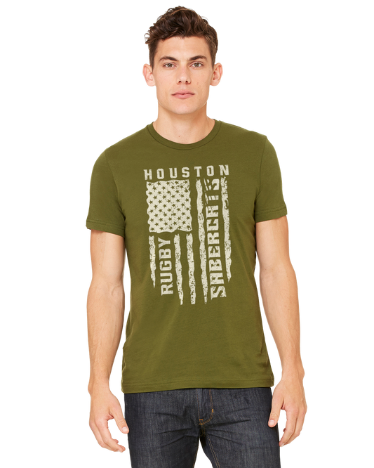 Houston SaberCats American Flag T-Shirt - Olive Green And Cream SaberCats Rugby Shirt - Military Appreciation Tee