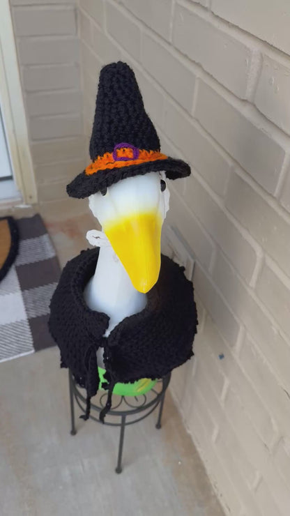 Front Porch Goose Witch Outfit - Crochet Halloween Clothing - Witch Hat and Cape Yard Art