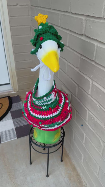 Silly Porch Goose Christmas Outfit - Goose Statue Crochet Clothing Ugly Sweater and Christmas Hat